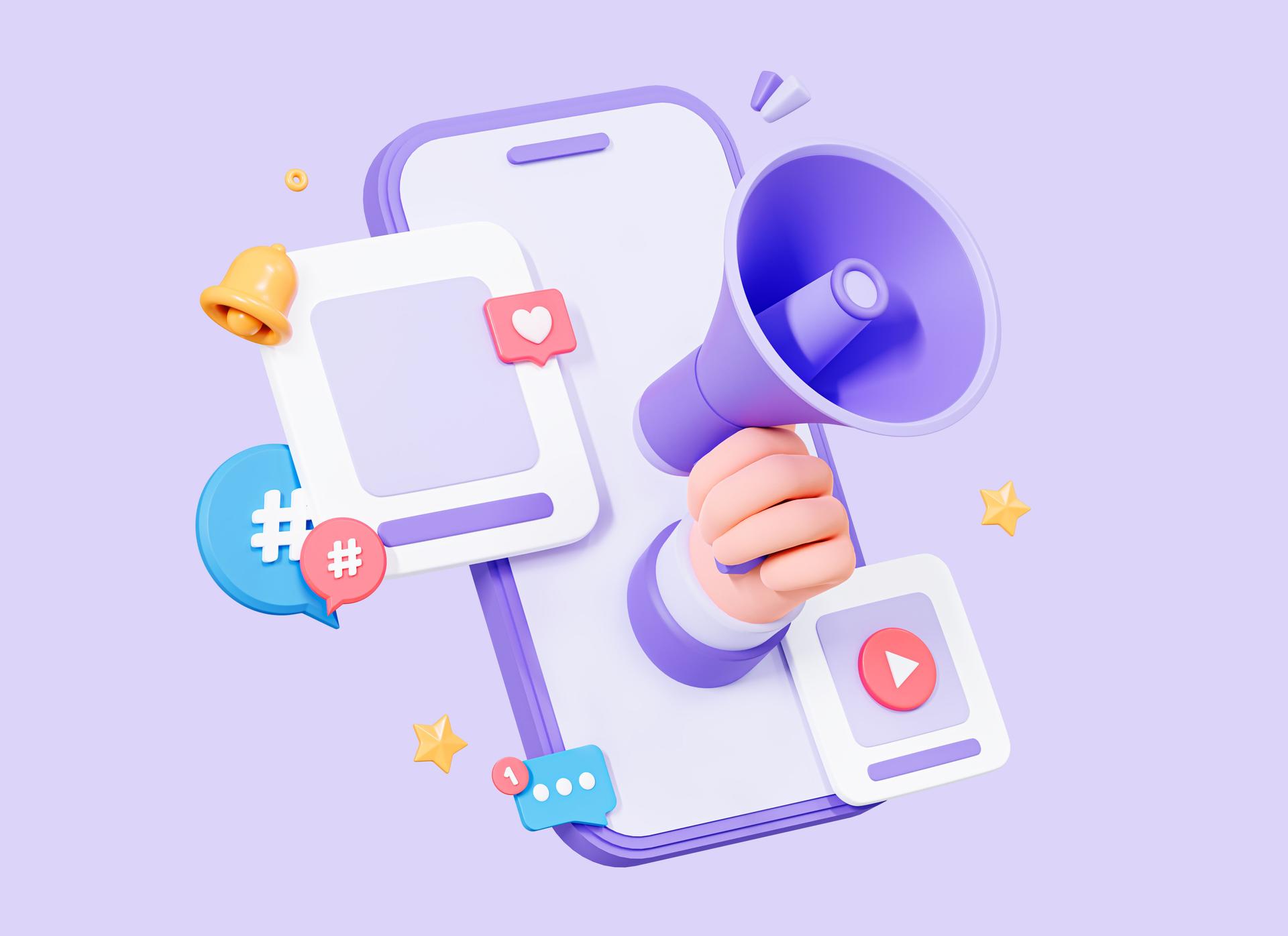 3D Mobile Phone with post in social media and Hand with Megaphone. Online promotion and marketing. Newsletter and adverting. Cartoon creative design icon isolated on purple background. 3D Rendering