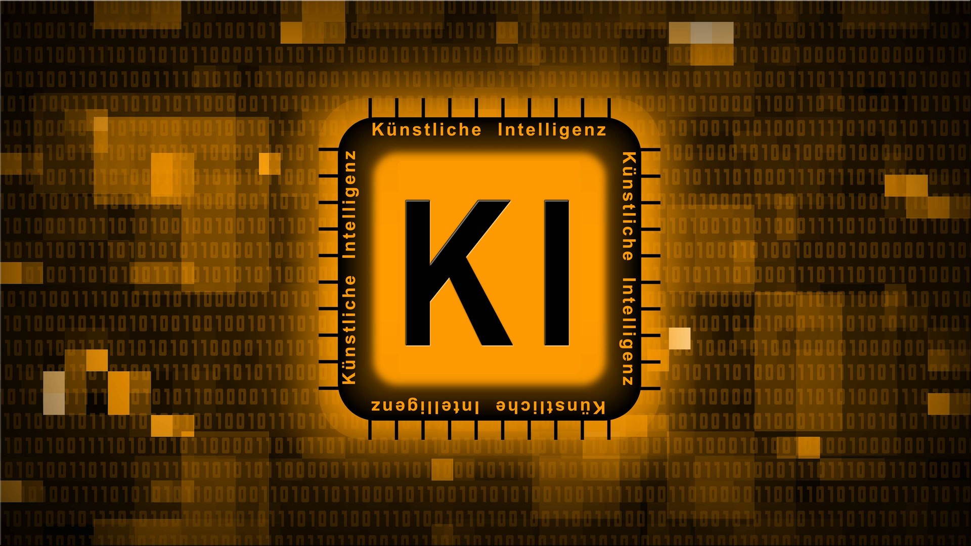 Artificial intelligence (in german Kuenstliche Intelligenz) KI lettering on chip - orange abstract background of blurred binary code - information technology concept