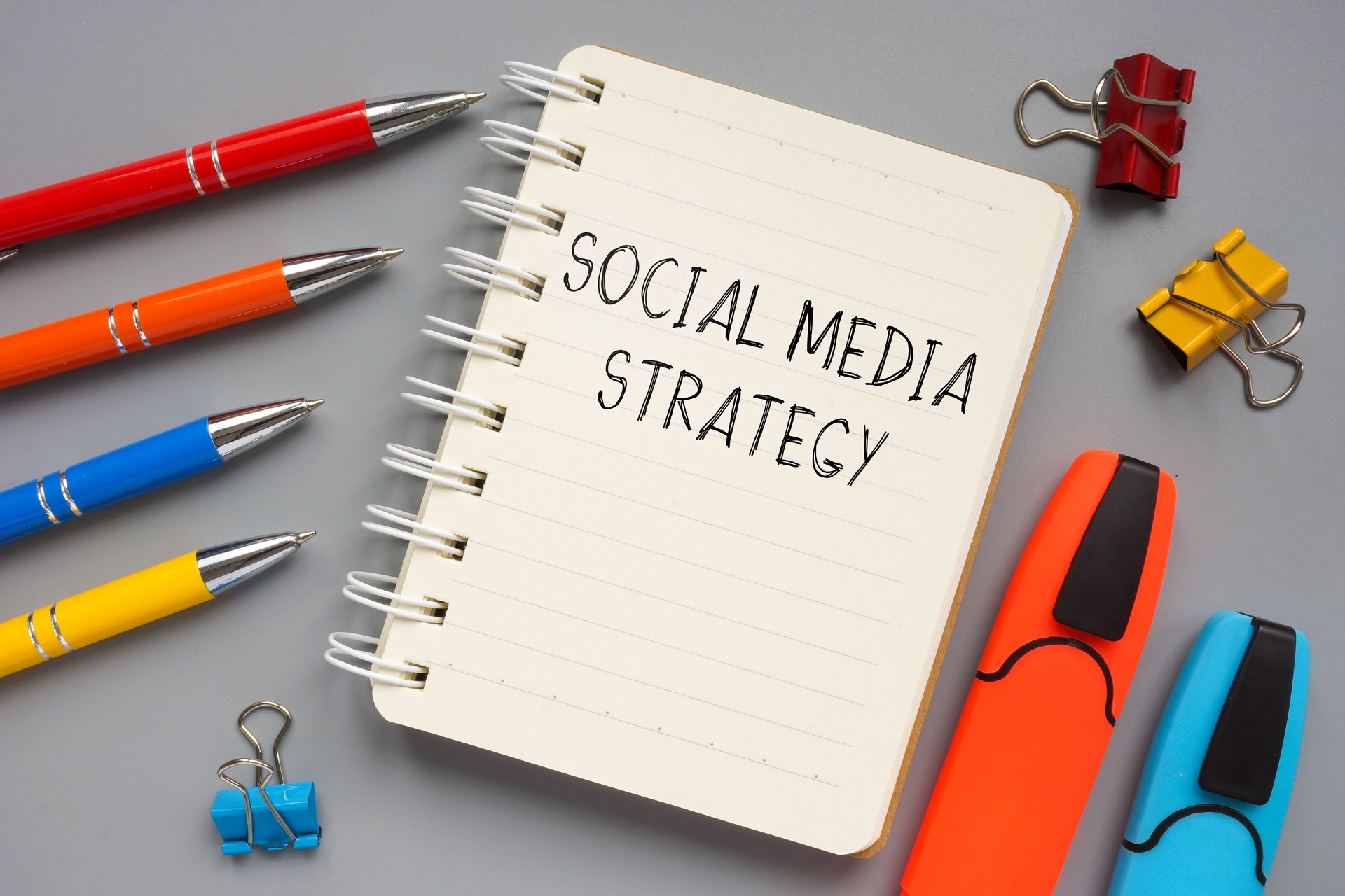Social media strategy plan handwritten on the page.